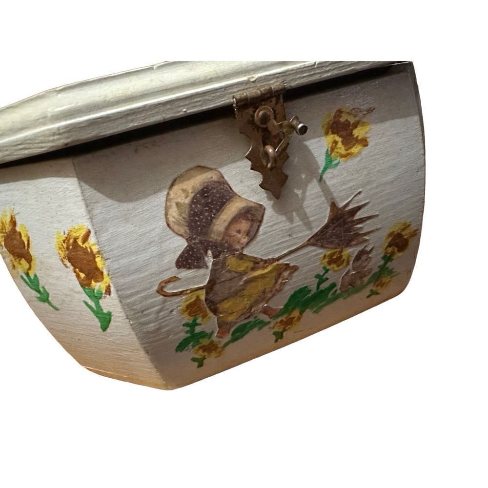 Vintage Hand painted Wood Rectangular Decoupage Handbag Purse Children Floral - Picture 7 of 16